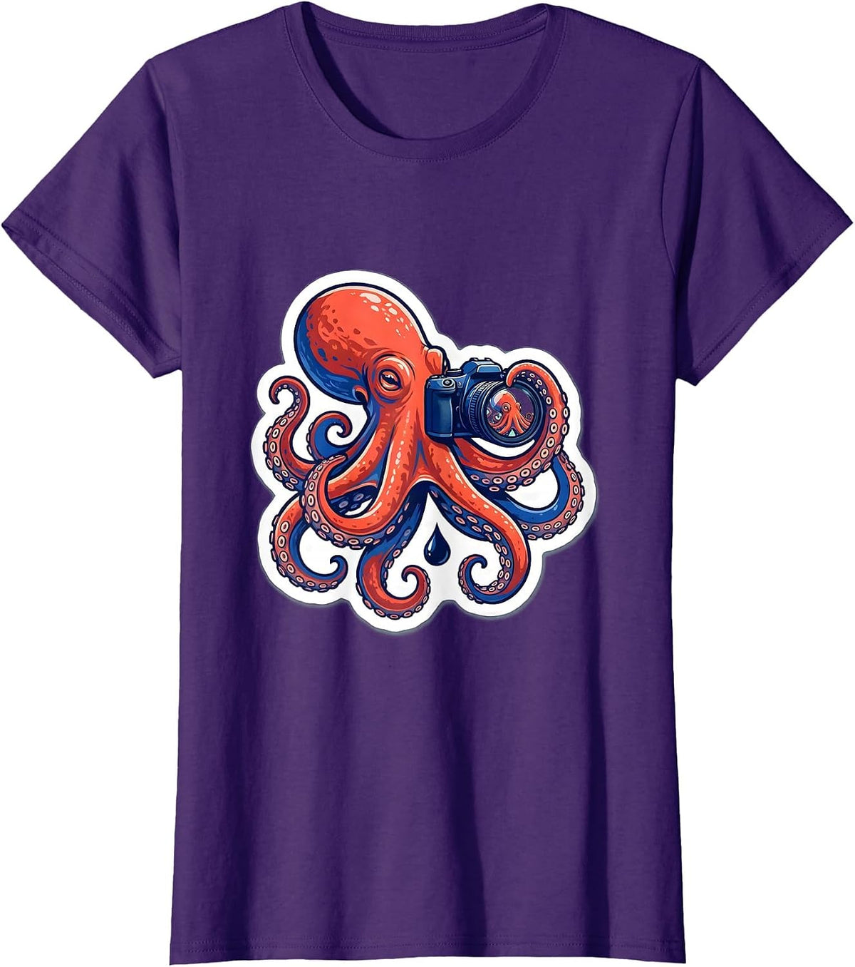 Women's Octopus Photographer Sticker Style Marine Biology Humor T-Shirt - Purple