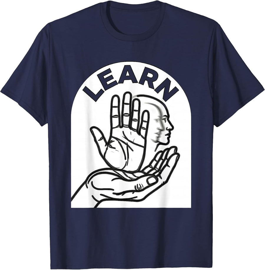 Learn Line Art ASL Sign Language Teacher Deaf Awareness T-Shirt - Navy Blue