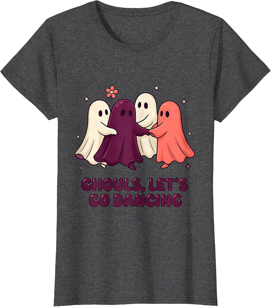 Women's Ghouls, Let's Go Dancing Retro Groovy Halloween Ghost Humor T-Shirt - Dark Heather Grey