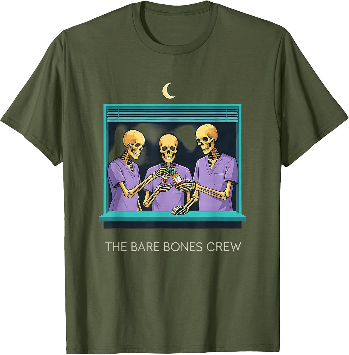 Men's The Bare Bones Crew Funny Pharmacy Tech Halloween Crew T-Shirt - Olive Green