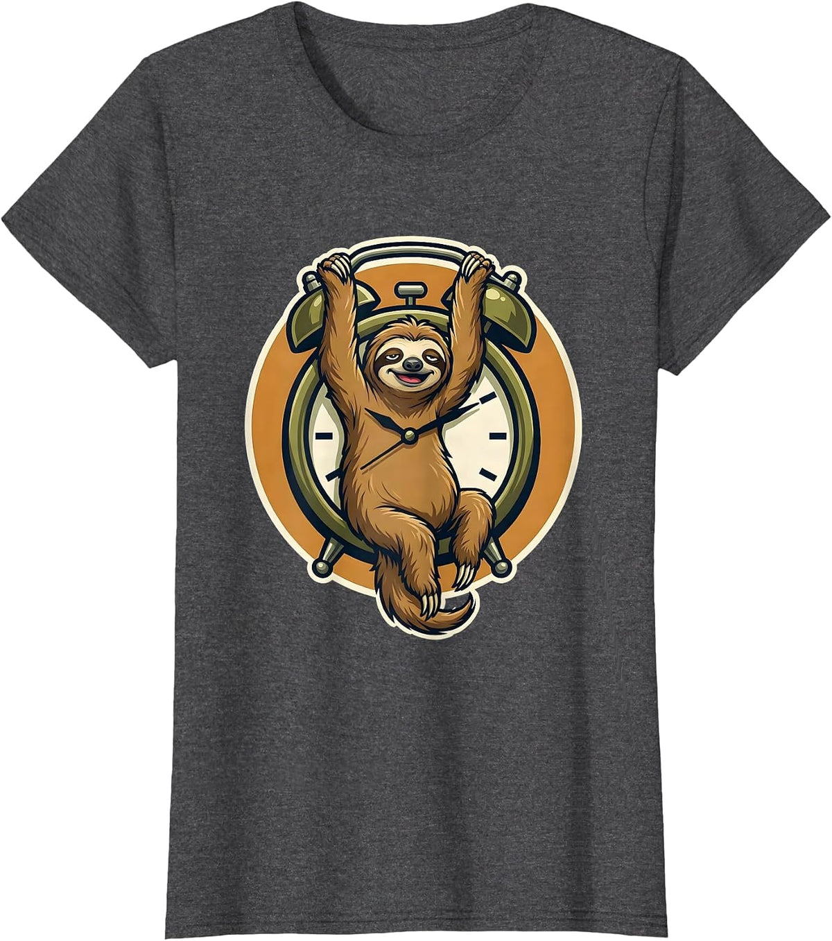 Women's Sleepy Sloth Hanging From Alarm Clock Funny T-Shirt - Dark Heather Grey