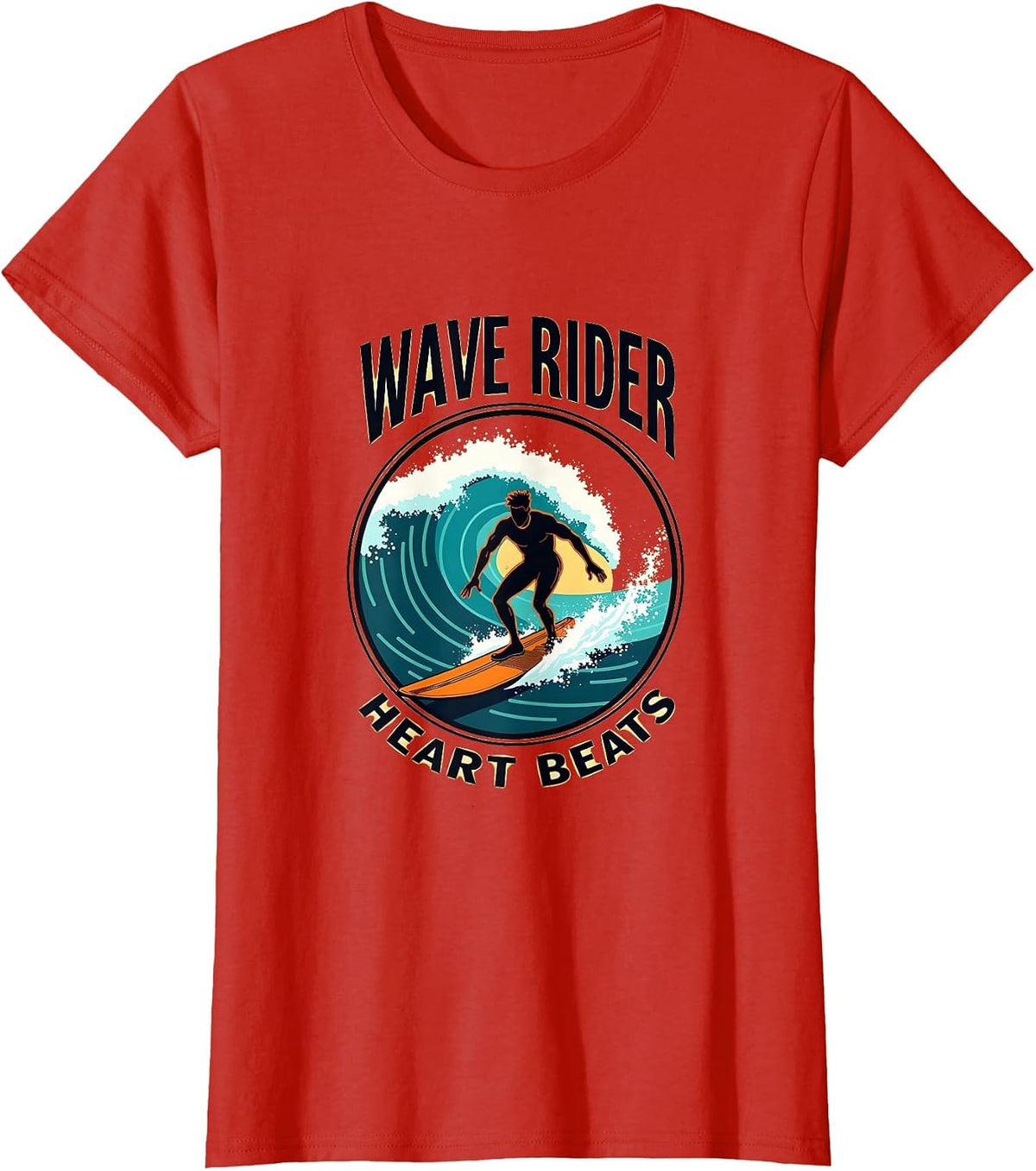 Wave Rider Heart Beats Surf Design T-Shirt - Red