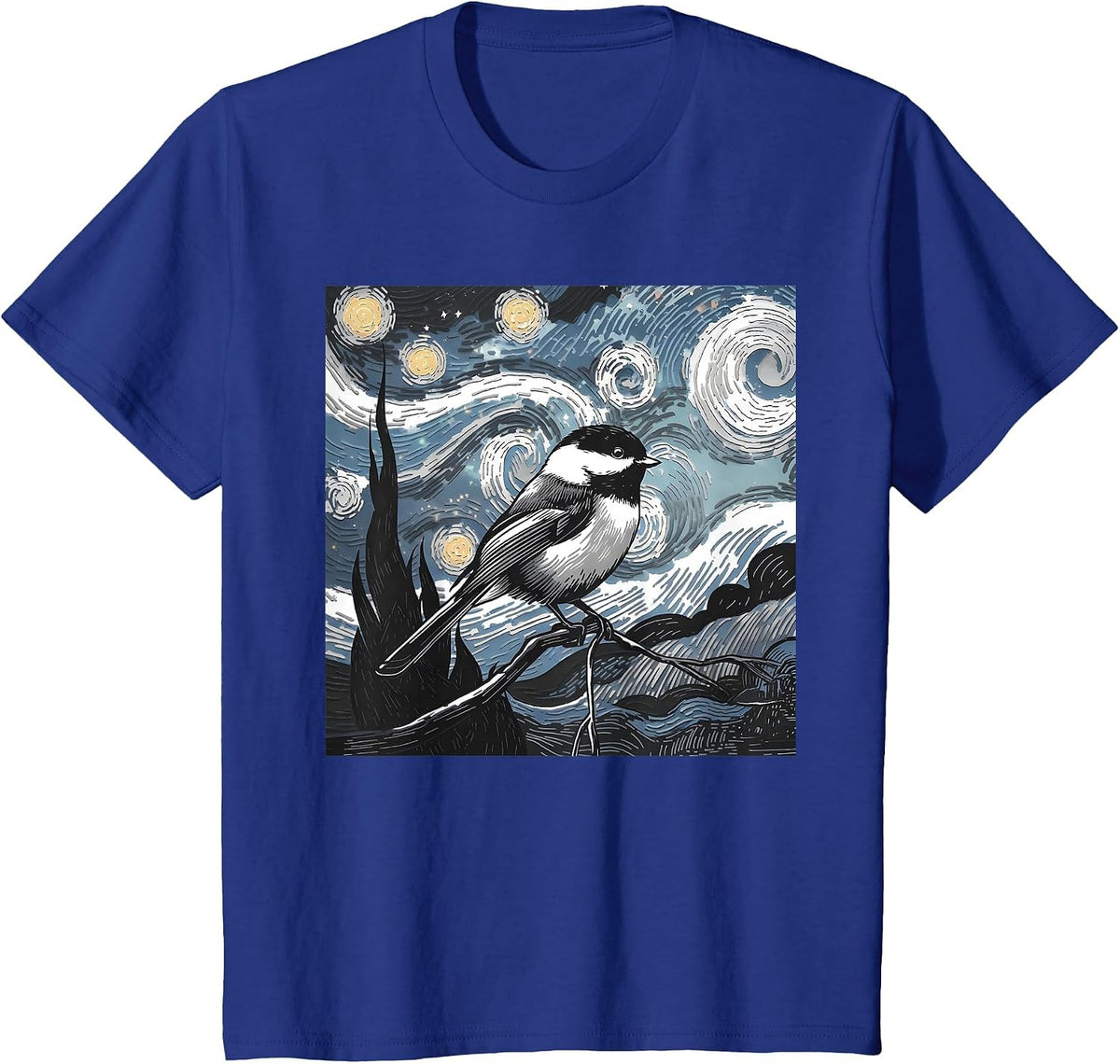 Black Capped Chickadee Bird Lover Starry Night Art Van Gogh T-Shirt - Royal Blue