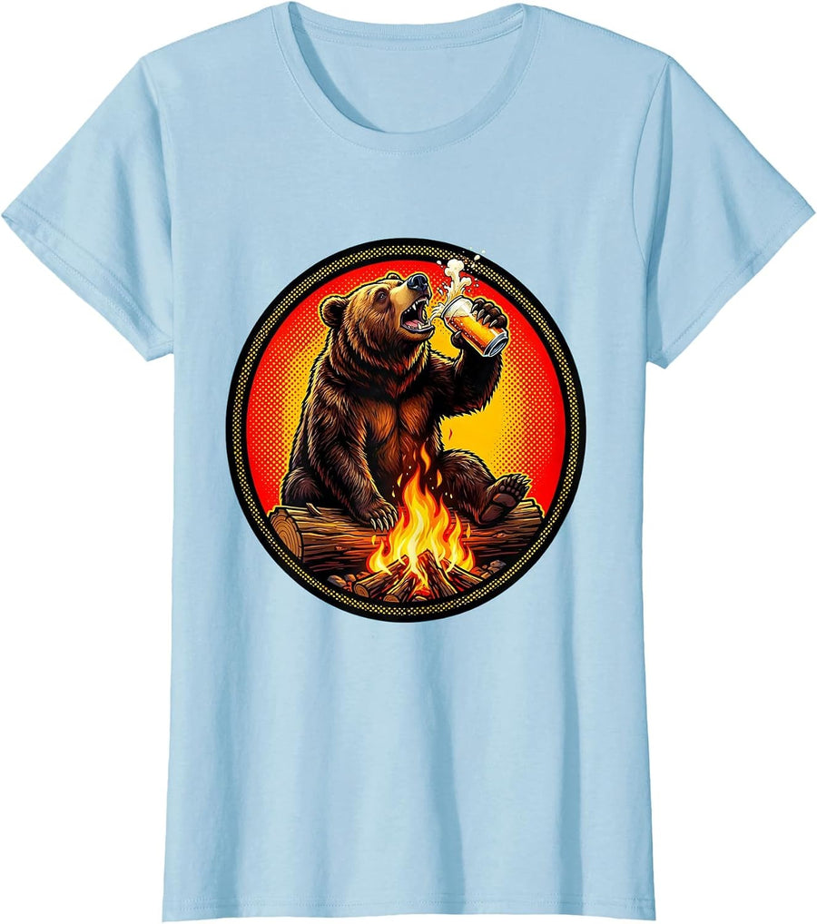 Women's Funny Bear Chugging Beer Campfire Graphic T-Shirt - Baby Blue