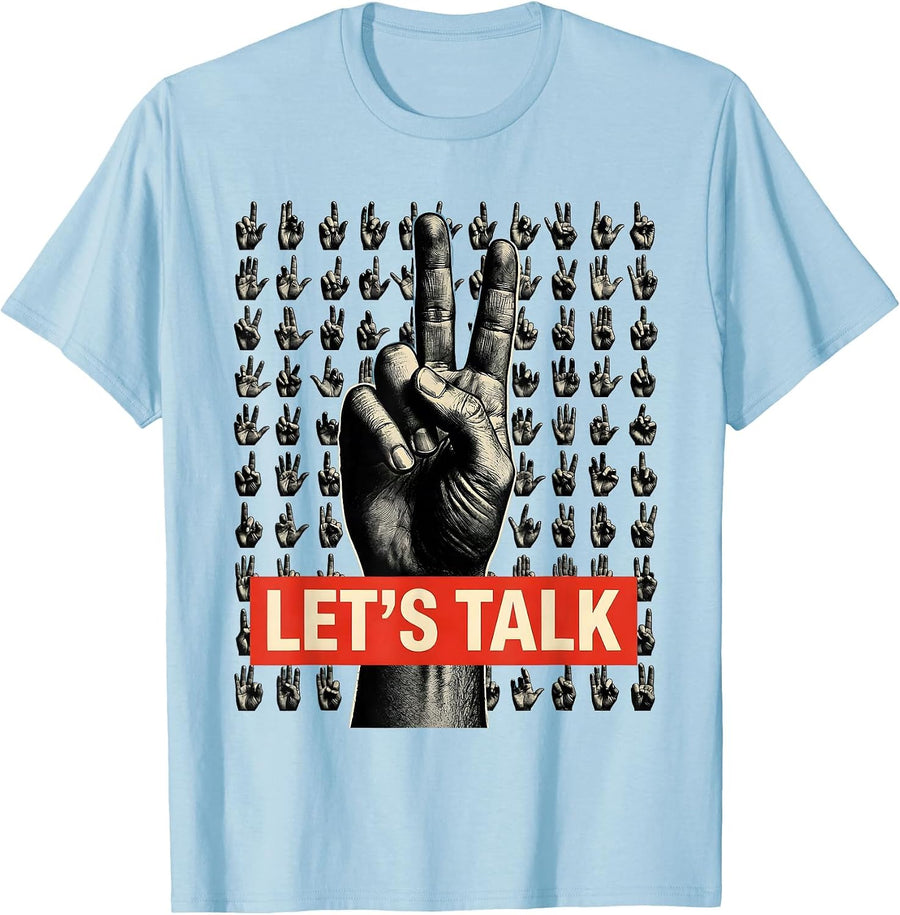 Men's LET'S TALK ASL Sign Language Teacher Gift Awareness T-Shirt - Baby Blue