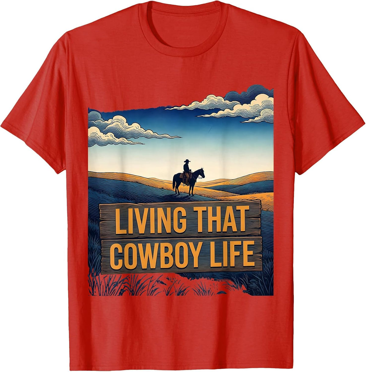 Men's Living That Cowboy Life Western Graphic Design T-Shirt - Red