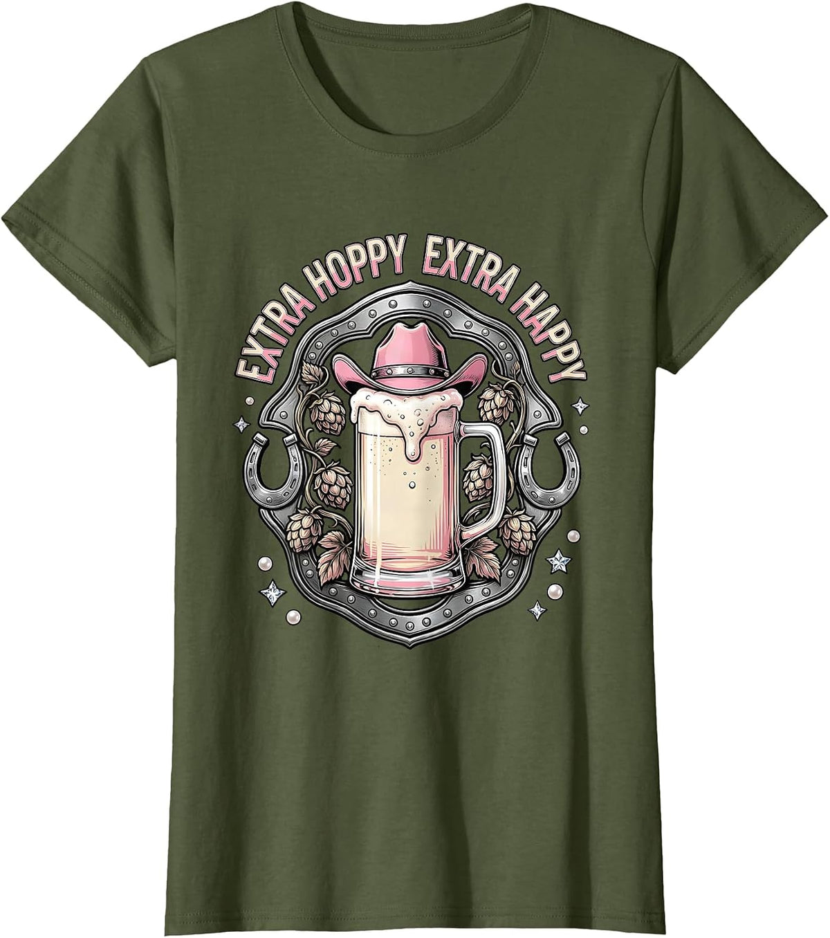Women's Extra Hoppy Extra Happy Beer Lover Design T-Shirt - Olive Green