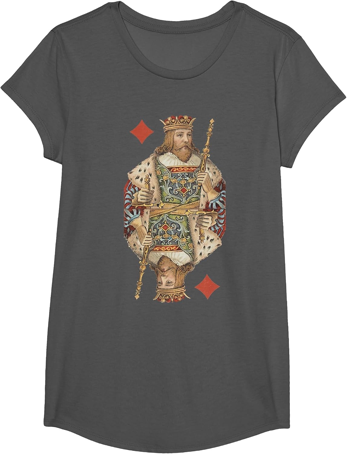 King of Diamonds Antique Art Nouveau Playing Card Art T-Shirt, Girls, Asphalt Grey, Medium - As Pictured