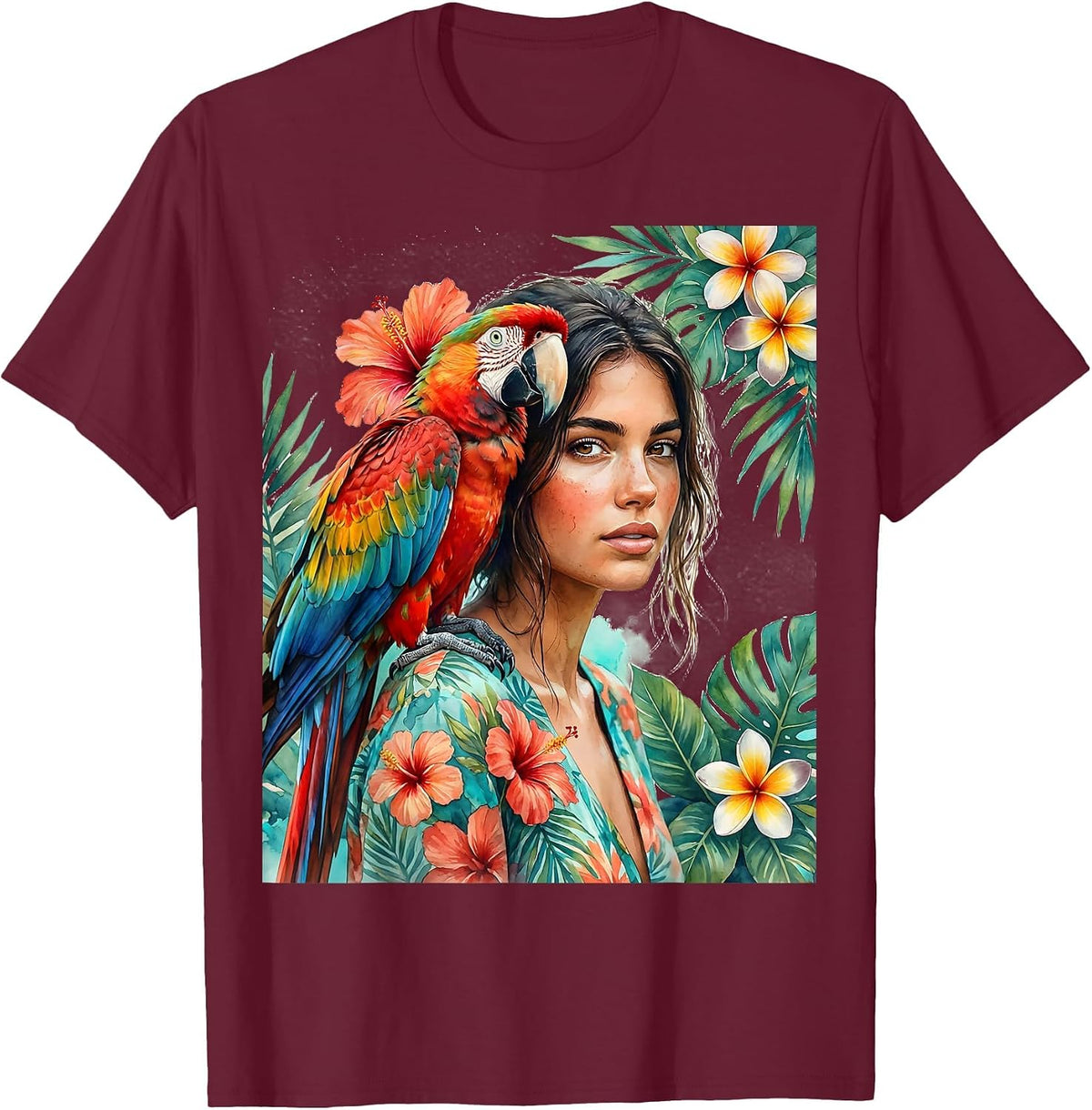 Men's Girl With Parrot Hawaiian Tropical Illustration T-Shirt - Burgundy