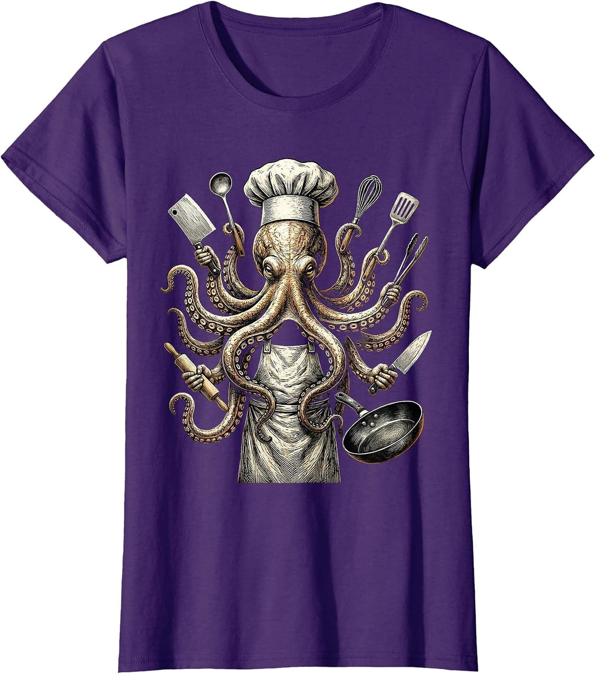 Women's Octopus Chef Holding Eight Kitchen Tools T-Shirt - Purple