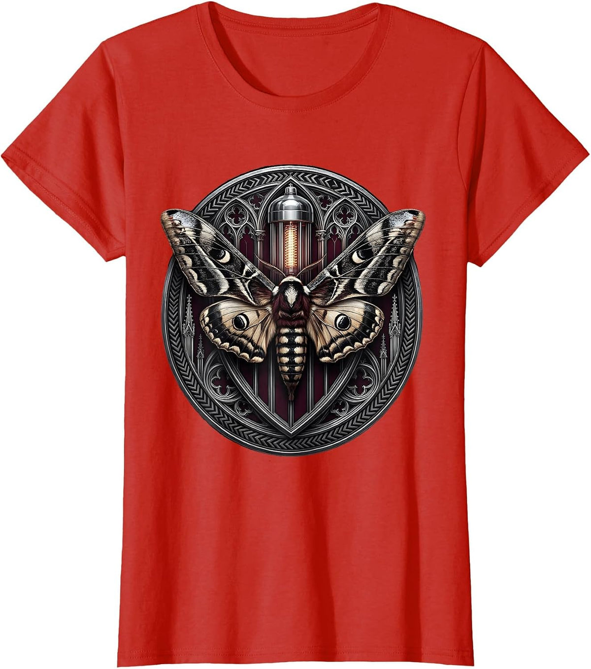 Moth and Glowing Vacuum Tube Vintage Rock Art T-Shirt - Red