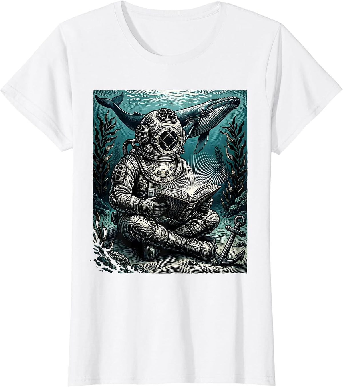 Deep Sea Diver Reading Book Underwater Art T-Shirt - White
