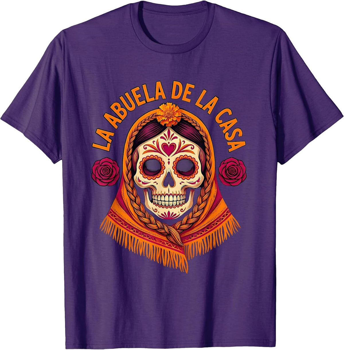 Men's La Abuela de la Casa Day of the Dead Sugar Skull Folk Art T-Shirt - Purple
