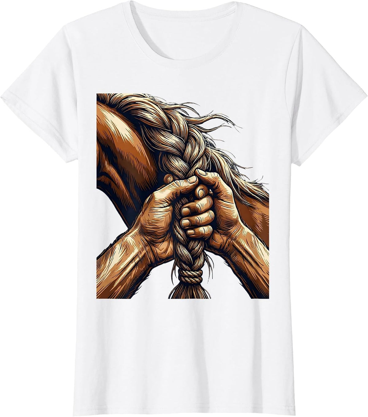 Horse Mane Braid Weathered Hands Rodeo Illustration T-Shirt - White