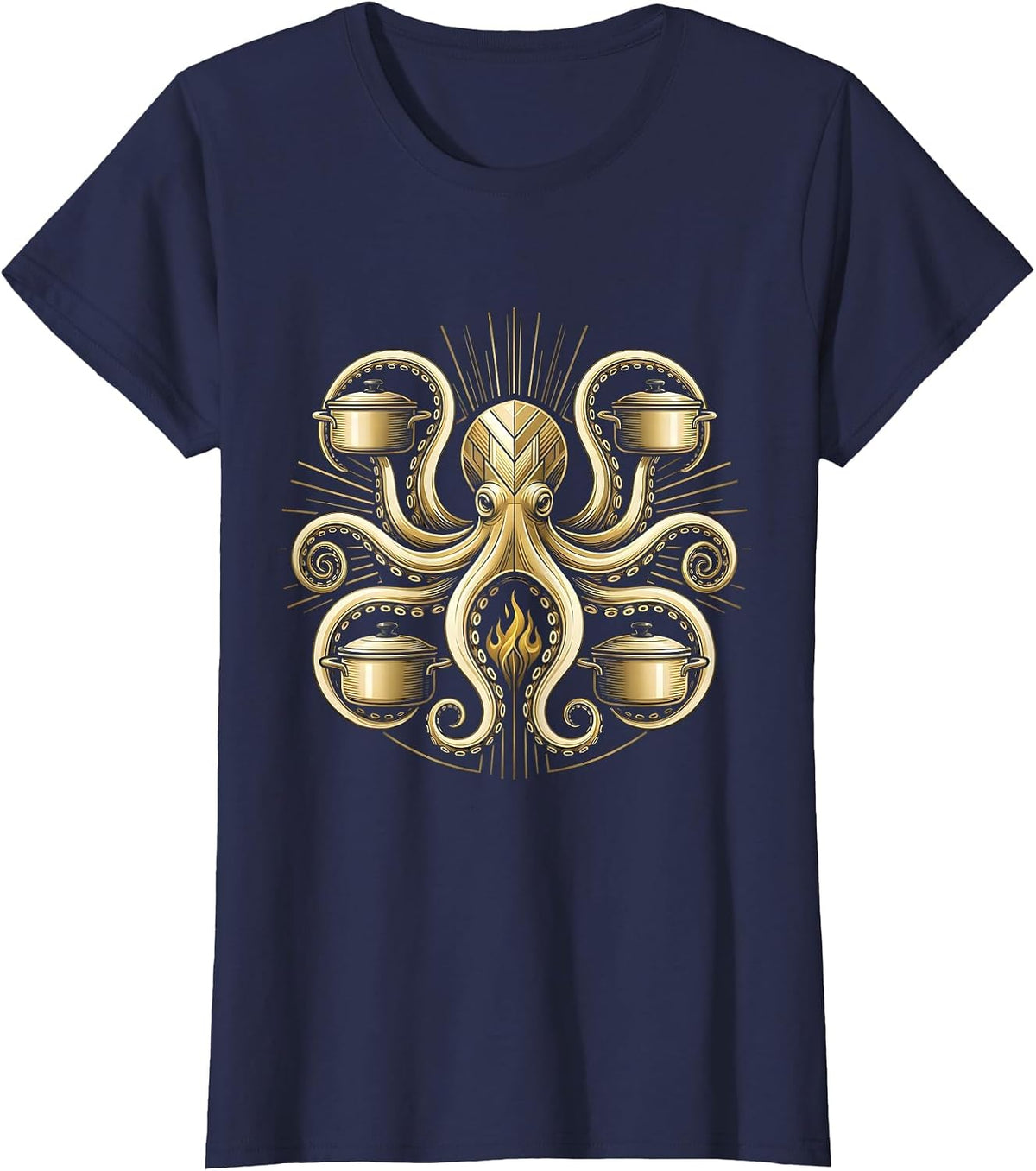 Women's Octopus Chef Stirring Multiple Pots Funny Cook T-Shirt - Navy Blue