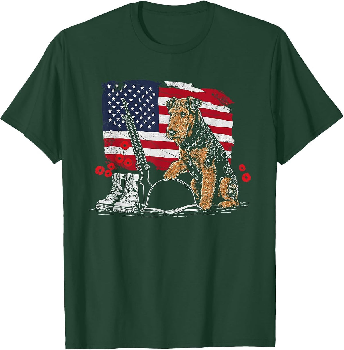 Airedale Terrier American USA Flag Memorial Day 4th of July T-Shirt - Dark Green