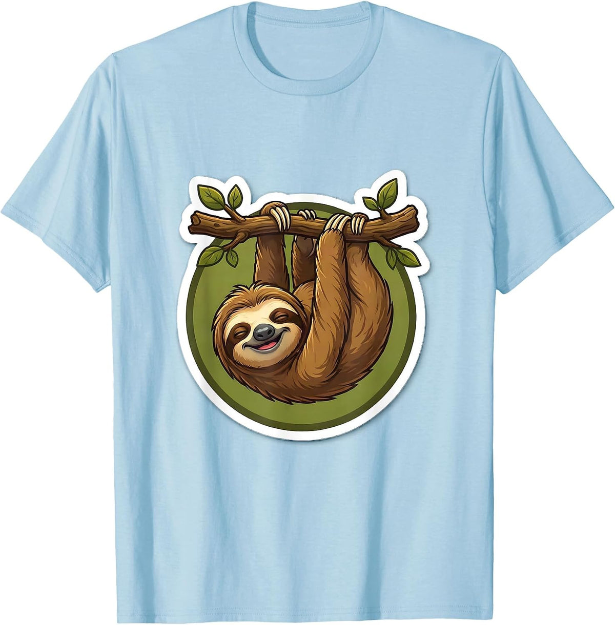 Derpy Sleepy Sloth Hanging Upside Down Design T-Shirt - Baby Blue