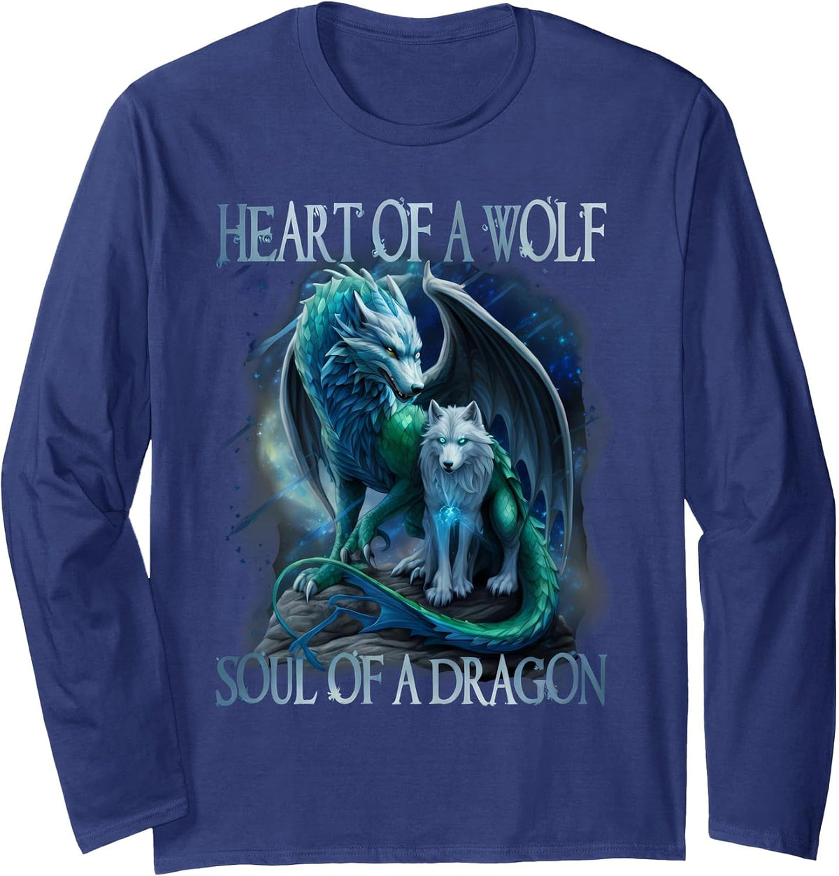 Heart of Wolf Soul of A Dragon - Cool Dragon - Wolf Warrior Long Sleeve T-Shirt - Adult Unisex Navy Blue