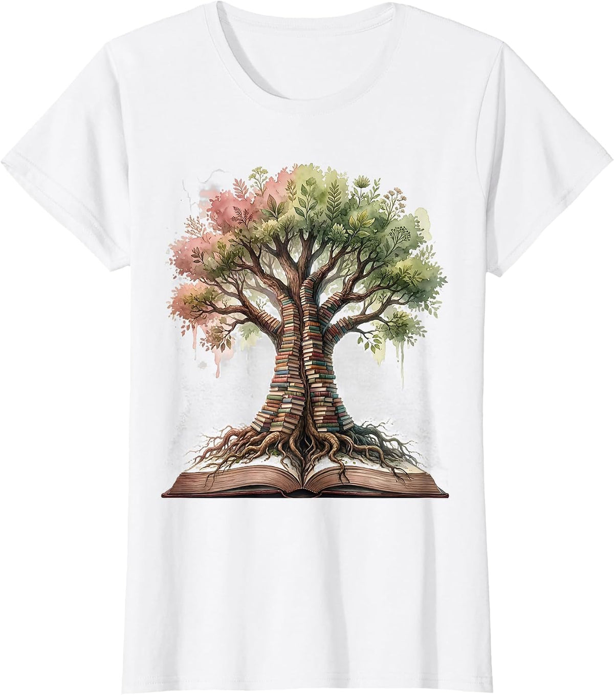 Women's Library Bookshelf Tree Illustration Graphic T-Shirt - White