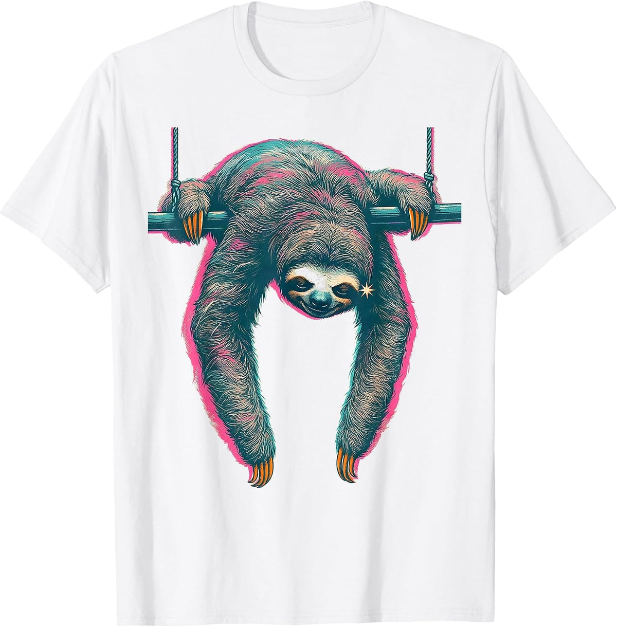 Men's Sloth Draped Over Pendulum Bar Risograph Humor T-Shirt - White