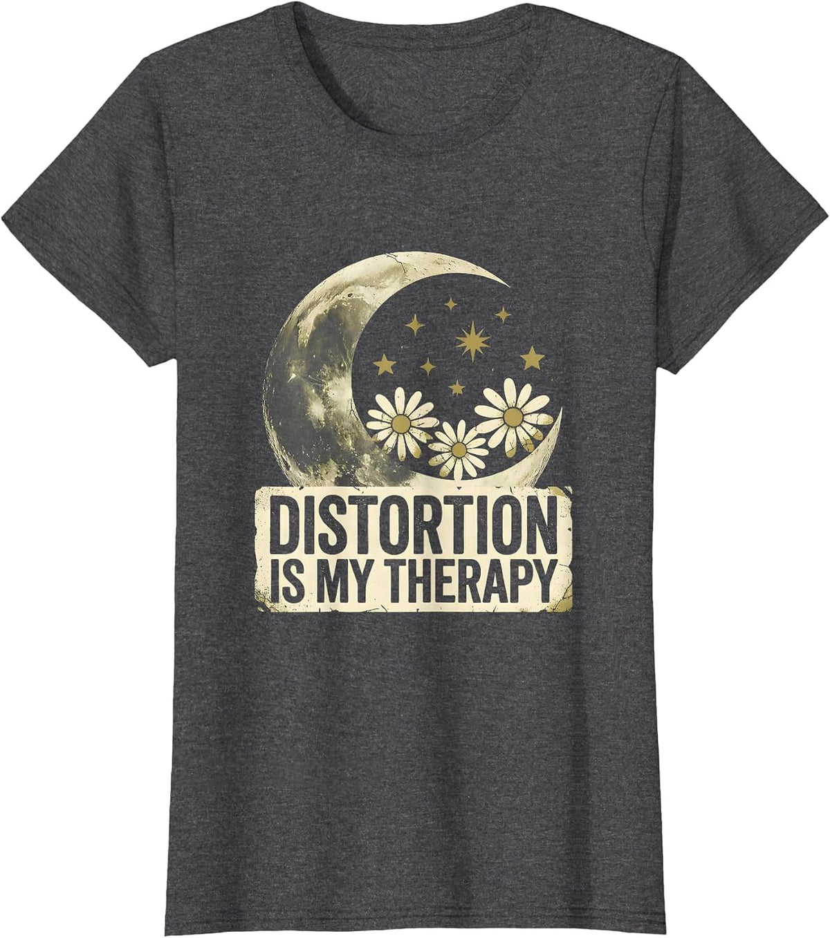 Women's Distortion Is My Therapy 80s Rock Band Design T-Shirt - Dark Heather Grey