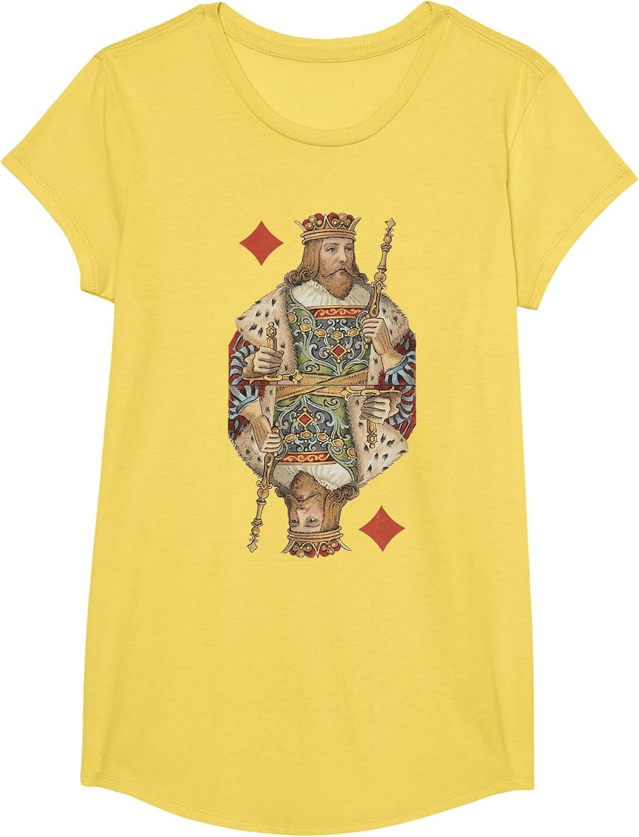 King of Diamonds Antique Art Nouveau Playing Card Art T-Shirt, Girls, Lemon Yellow, Medium - As Pictured
