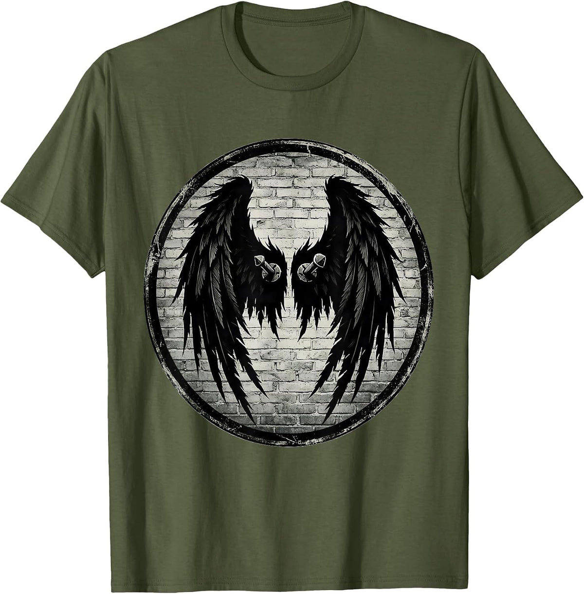 Men's Grunge Torn Angel Wings Pinned to Wall Art T-Shirt - Olive Green