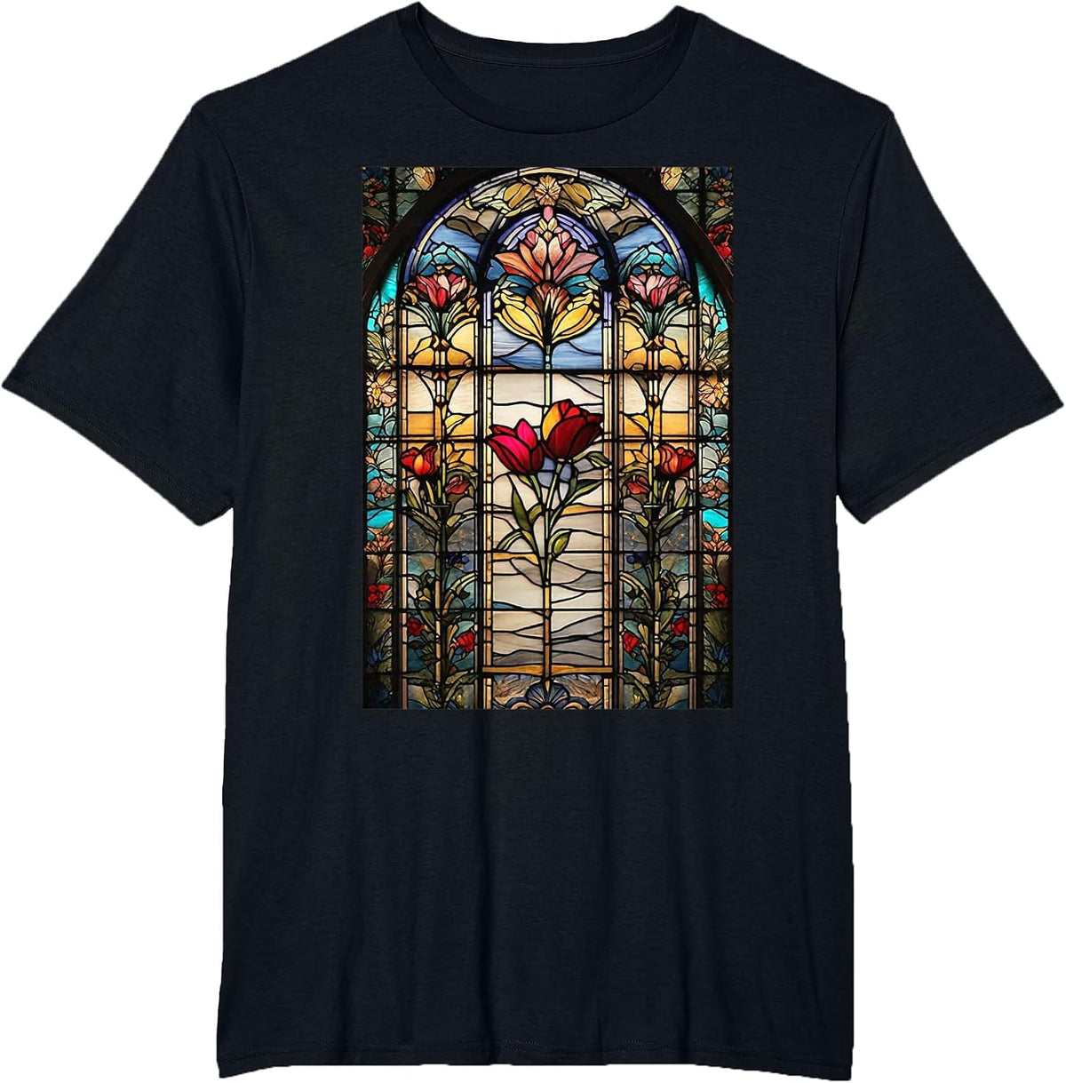 Stained-Glass Style Floral Art Flowers Surreal Print T-Shirt - Black