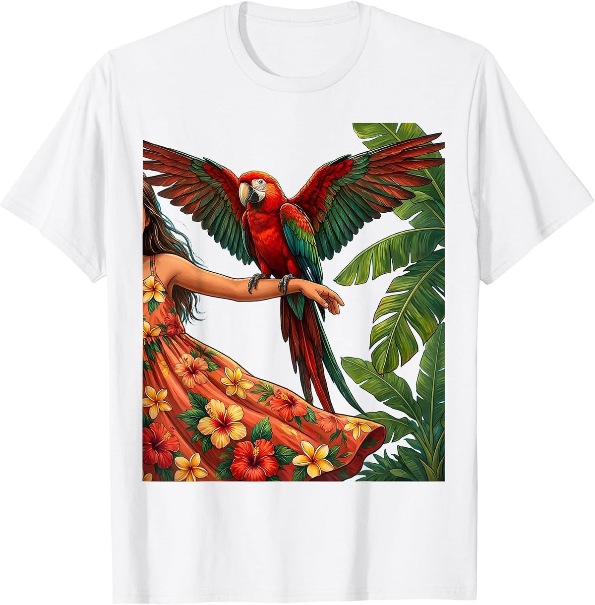Men's Tropical Parrot on Outstretched Arm Hawaiian Design T-Shirt - White