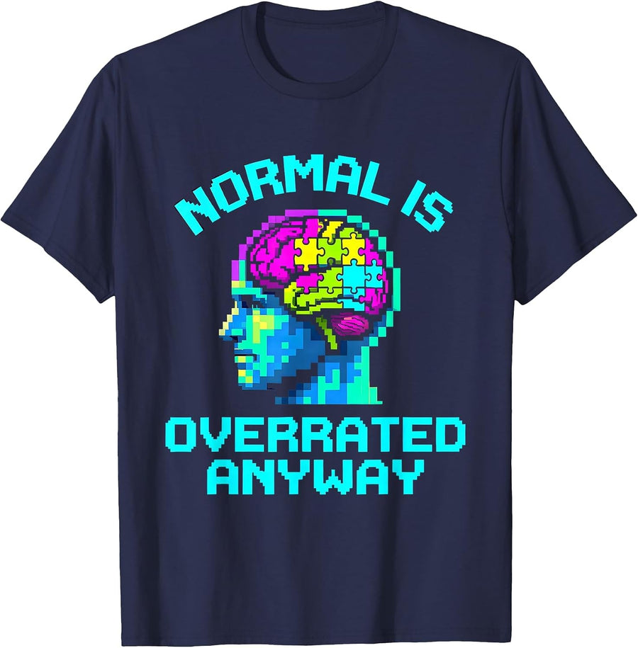 Normal Is Overrated Anyway Neurodiversity Design T-Shirt - Navy Blue