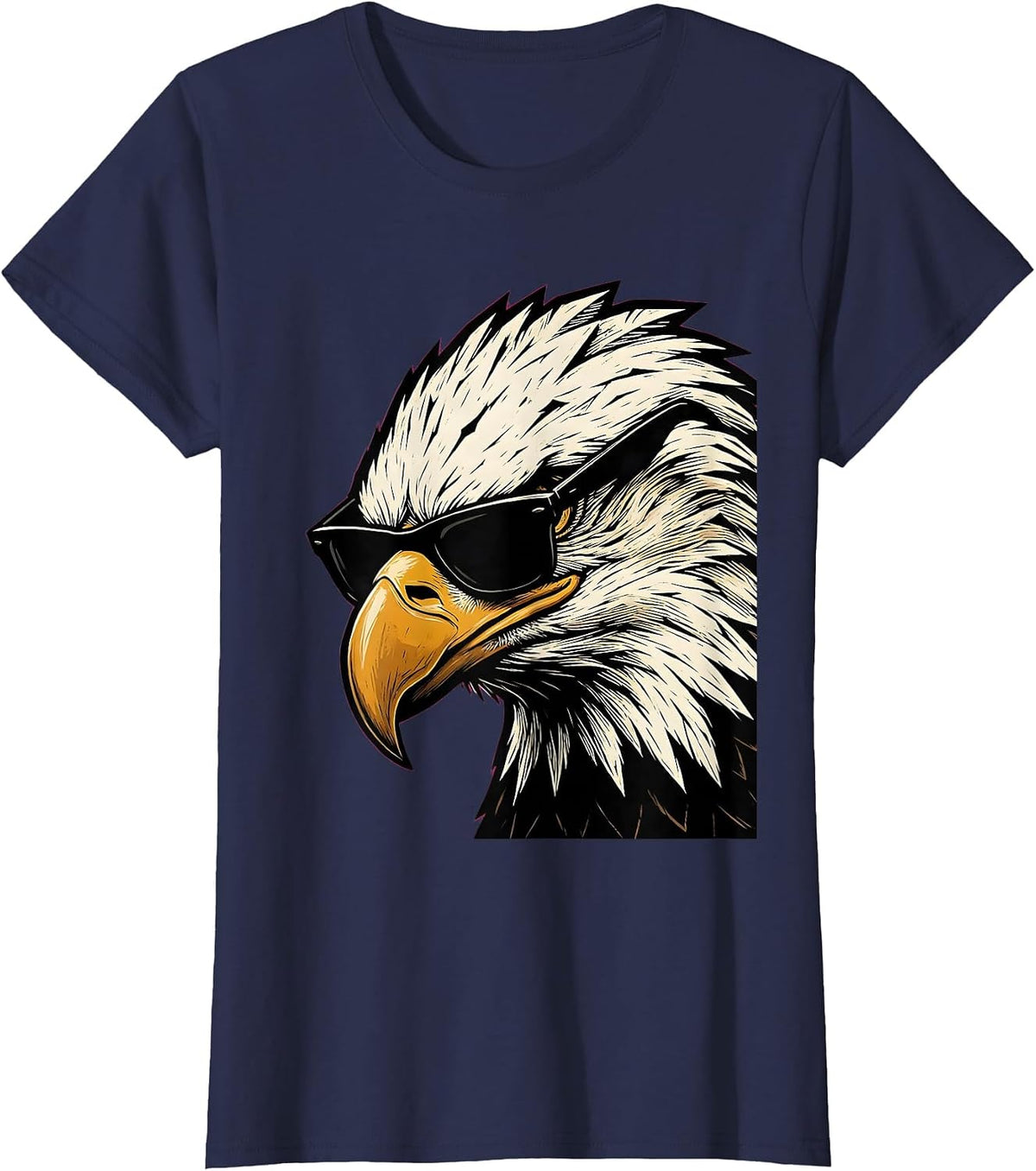 Women's Bald Eagle Sunglasses Linocut Eagle Fan Novelty T-Shirt - Navy Blue