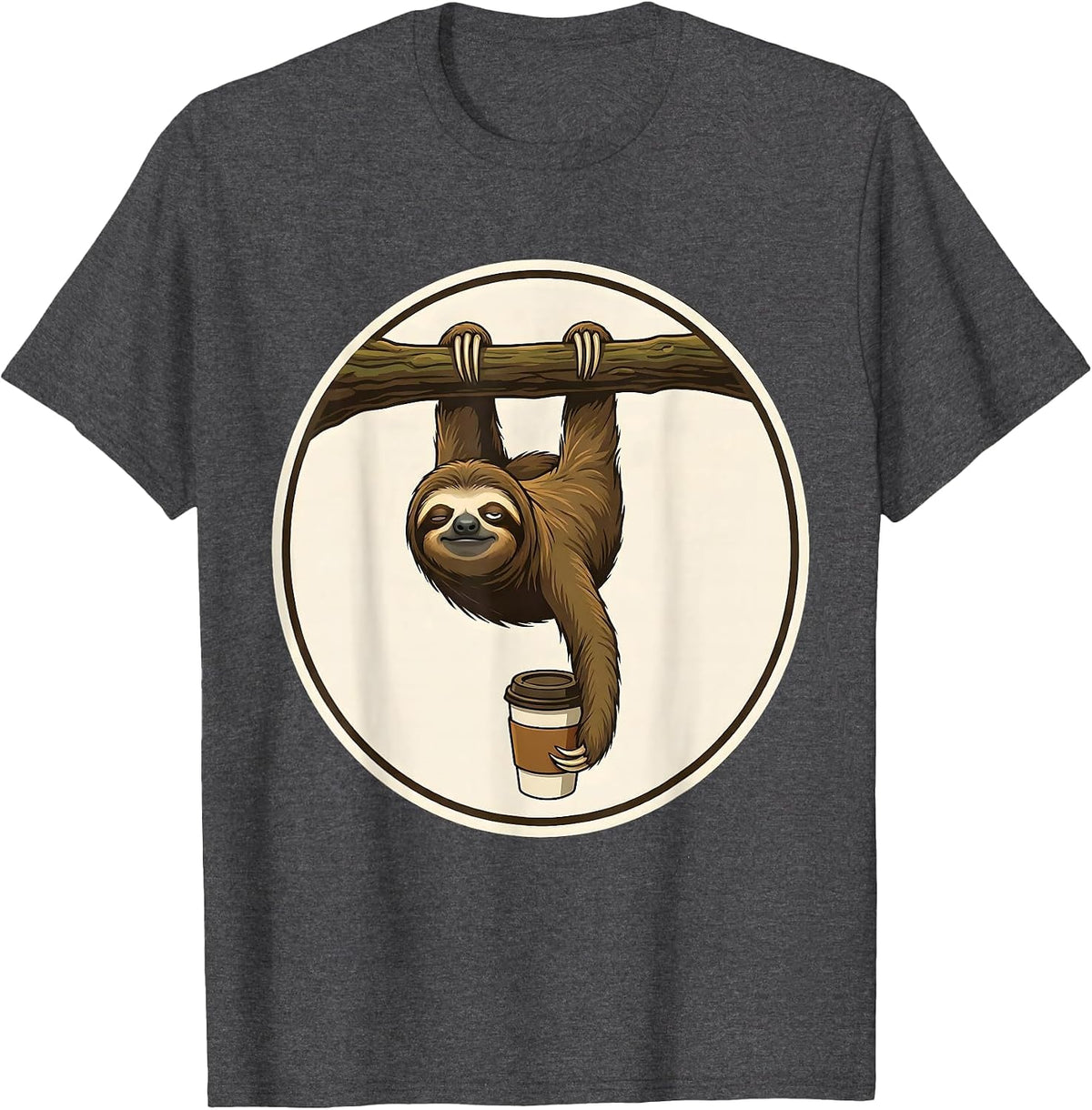 Funny Sloth Hanging From Branch With Coffee Cup T-Shirt - Dark Heather Grey