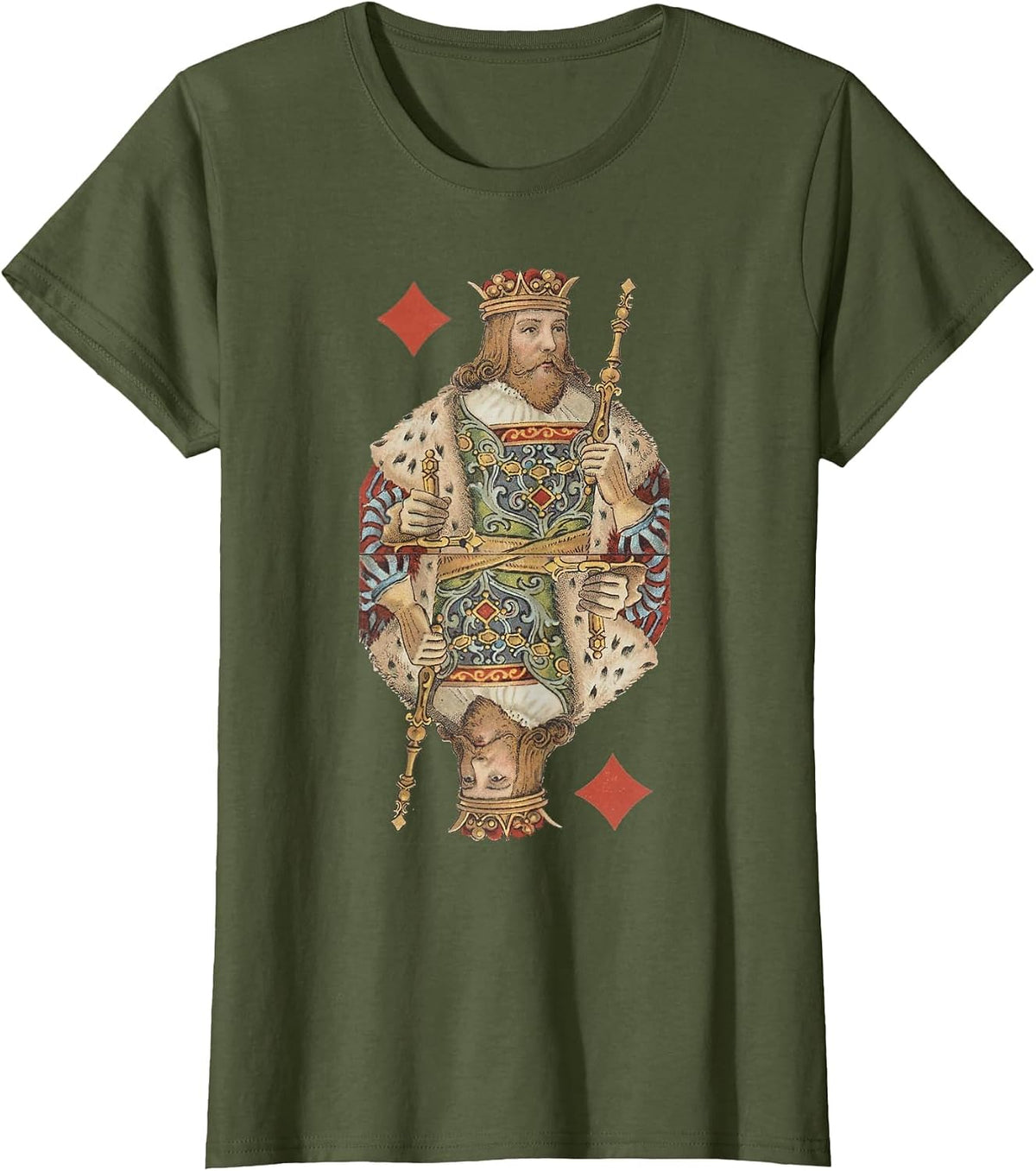 King of Diamonds Antique Art Nouveau Playing Card Art T-Shirt, Women, Olive Green, Medium - As Pictured
