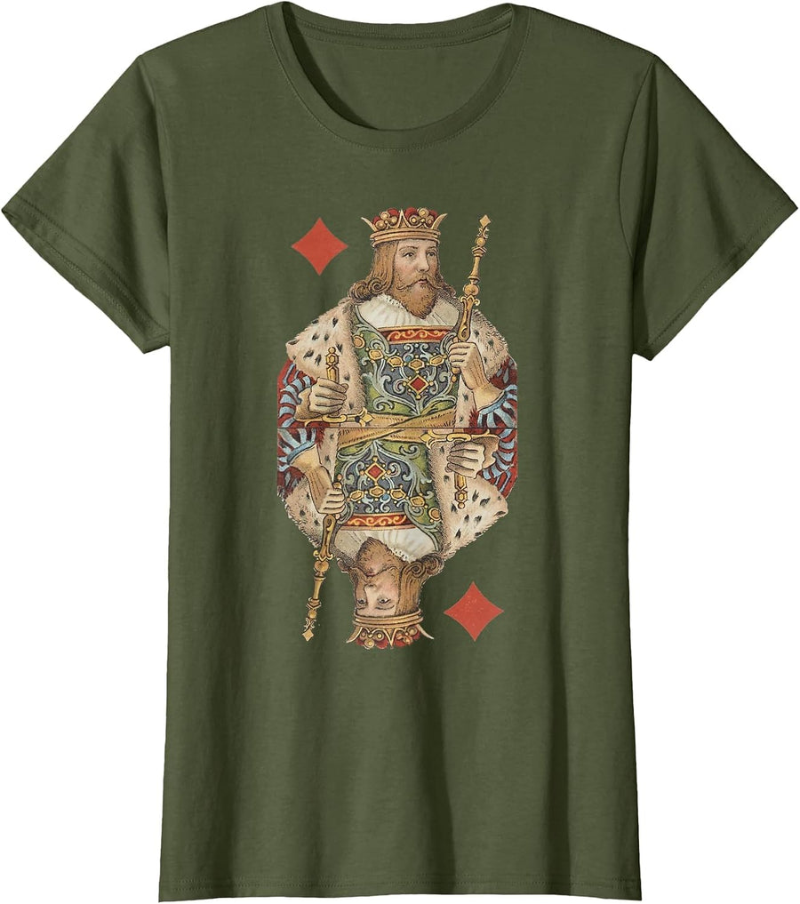 King of Diamonds Antique Art Nouveau Playing Card Art T-Shirt, Women, Olive Green, Medium - As Pictured