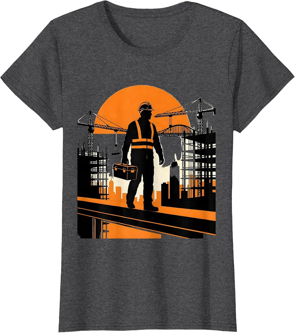 Women's Construction Worker Silhouette Sunset Skyline T-Shirt - Dark Heather Grey