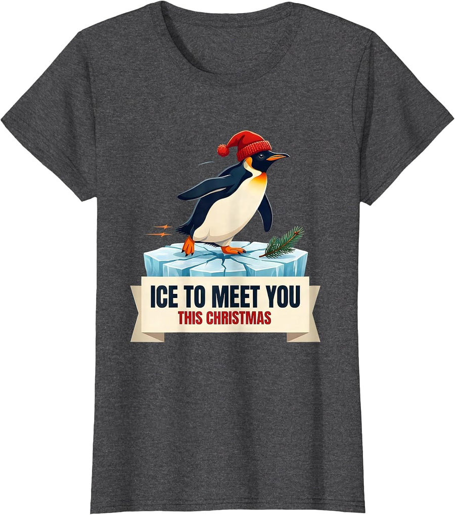 Women's Ice To Meet You This Christmas Funny Penguin Lover Christmas T-Shirt - Dark Heather Grey