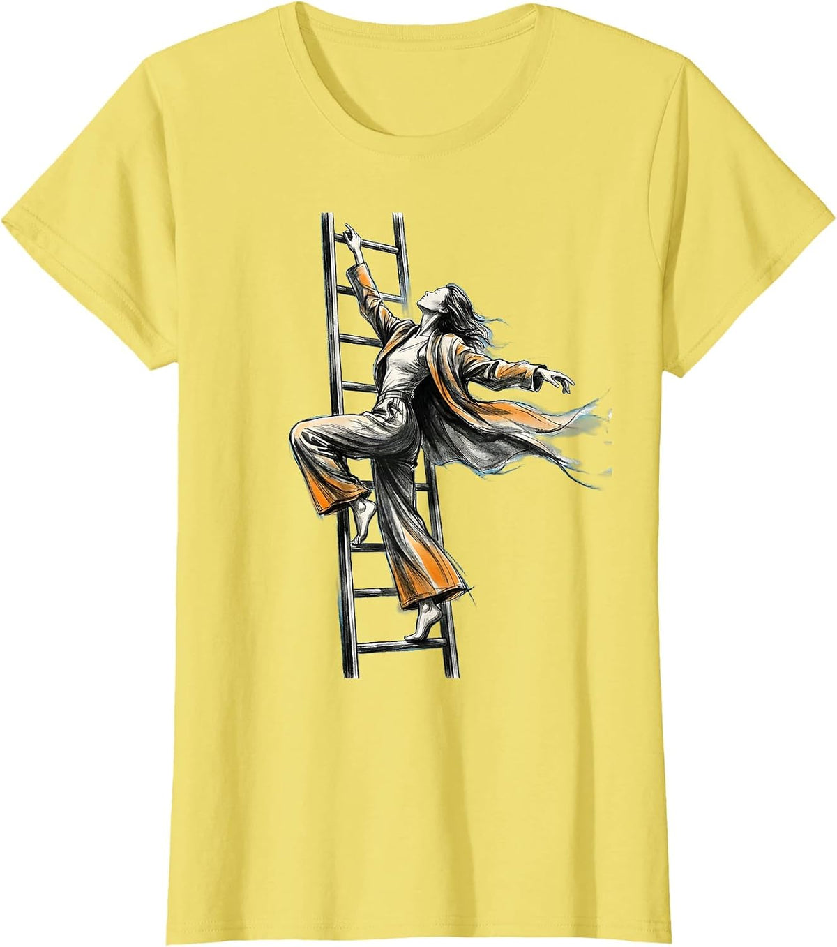 Woman Climbing Ladder Into Open Sky Graphic T-Shirt - Lemon Yellow