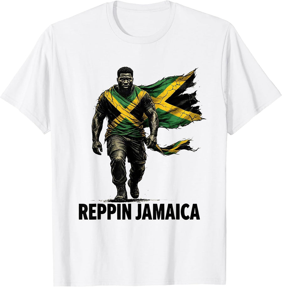 Men's Reppin Jamaica Distressed Jamaican Carnival Parade Flag T-Shirt - White
