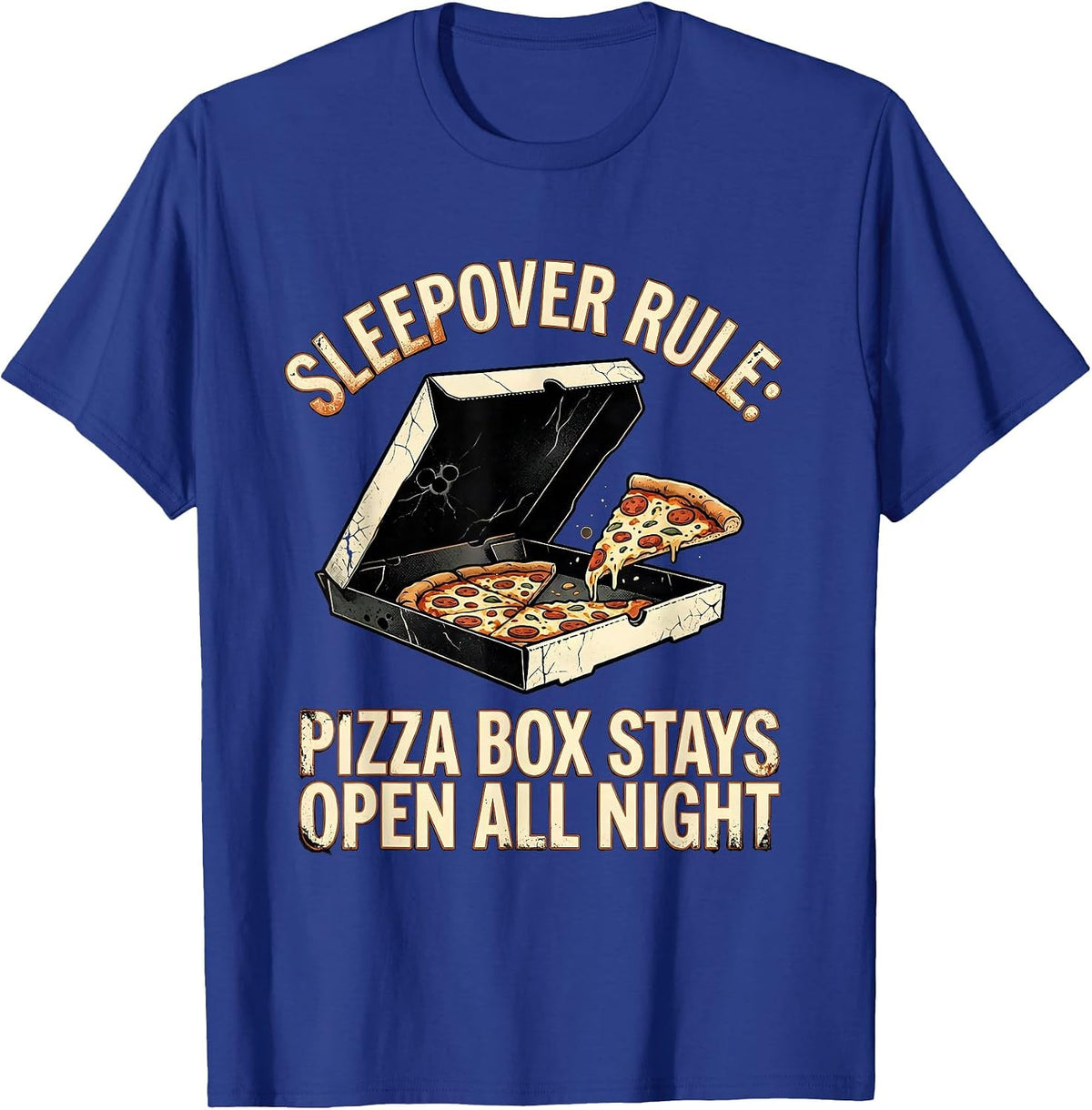 Men's Sleepover Rule Pizza Box Stays Open All Night Funny T-Shirt - Royal Blue
