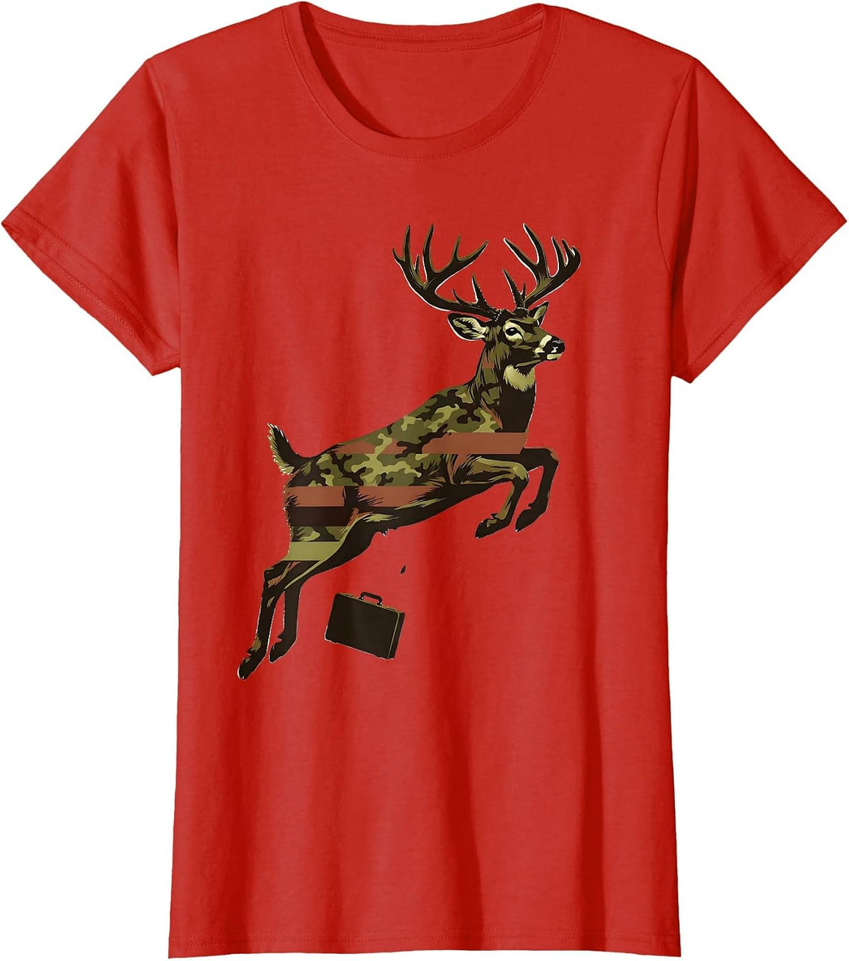 Leaping Whitetail Buck Camo Flag Hunting Dad Gift T-Shirt - Red