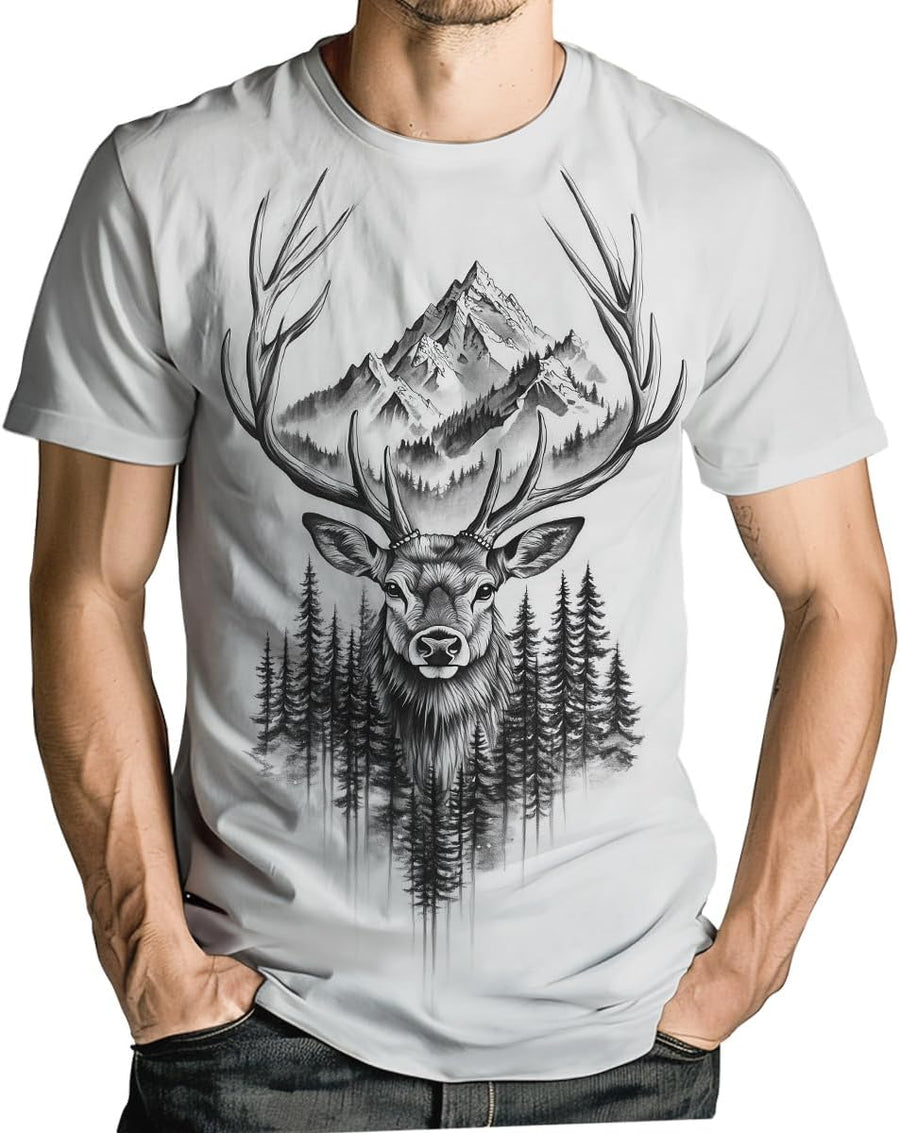 Mens Deer Hunting Graphic T-Shirts Vibrant Deer Animal Short Sleeve Shirt Summer Casual Tee Top - White1