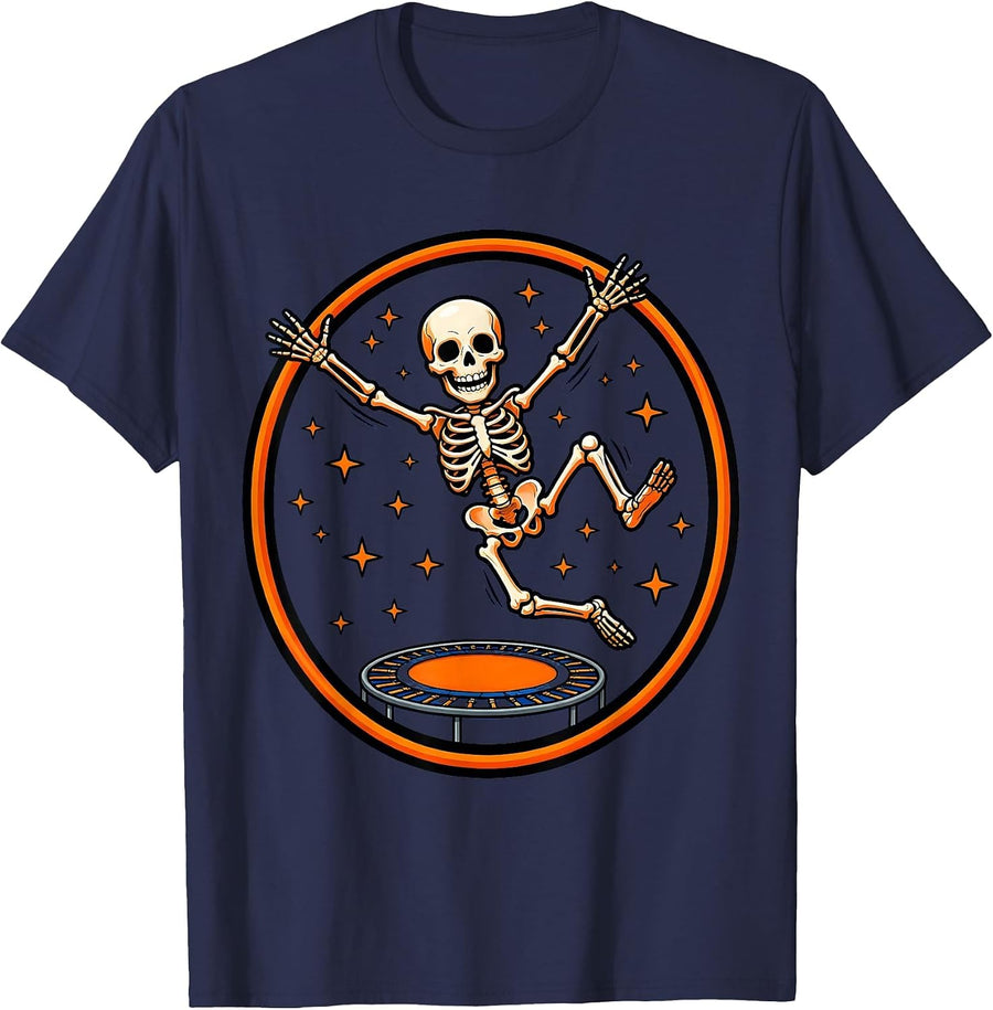 Skeleton Kid Trampoline Jump Graphic T-Shirt - Navy Blue