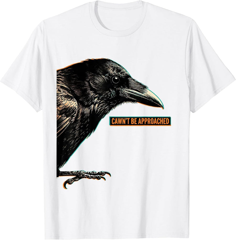 Men's Cawn't Be Approached Risograph Gothic Crow Dark Humor T-Shirt - White