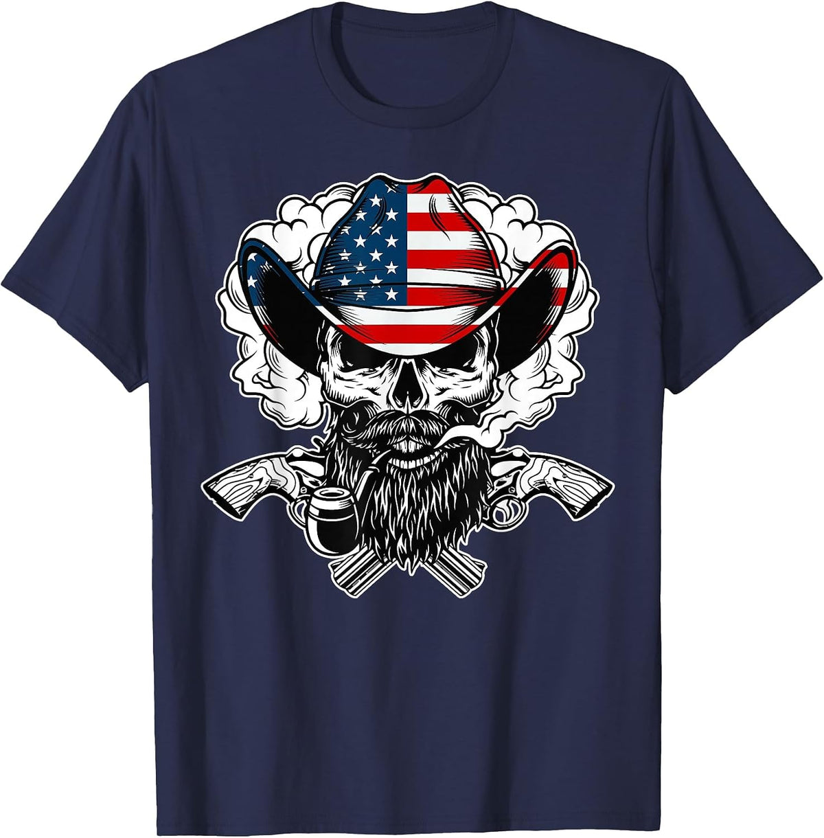 Cool Sugar Skull Cowboy Hat American Flag 4th of July T-Shirt - Navy Blue