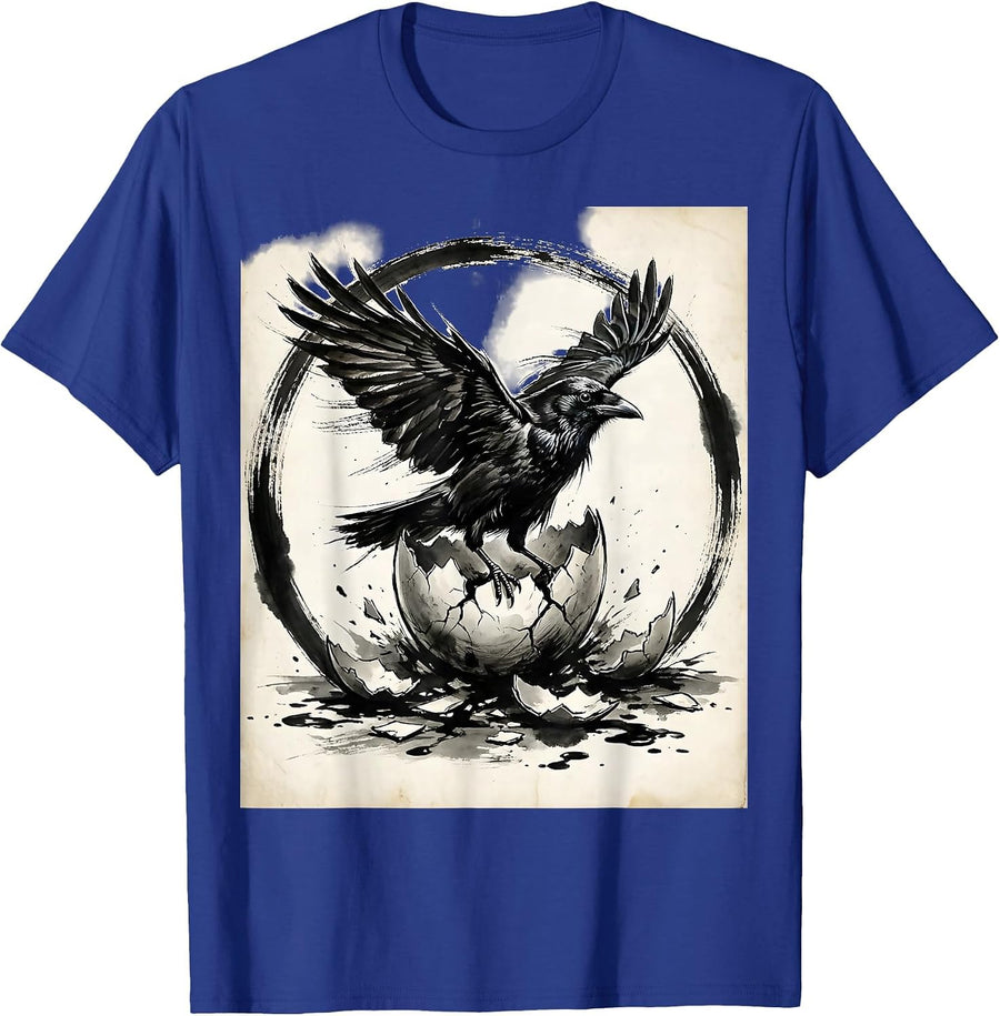 Crow Emerging From Broken Eggshell Illustration T-Shirt - Royal Blue