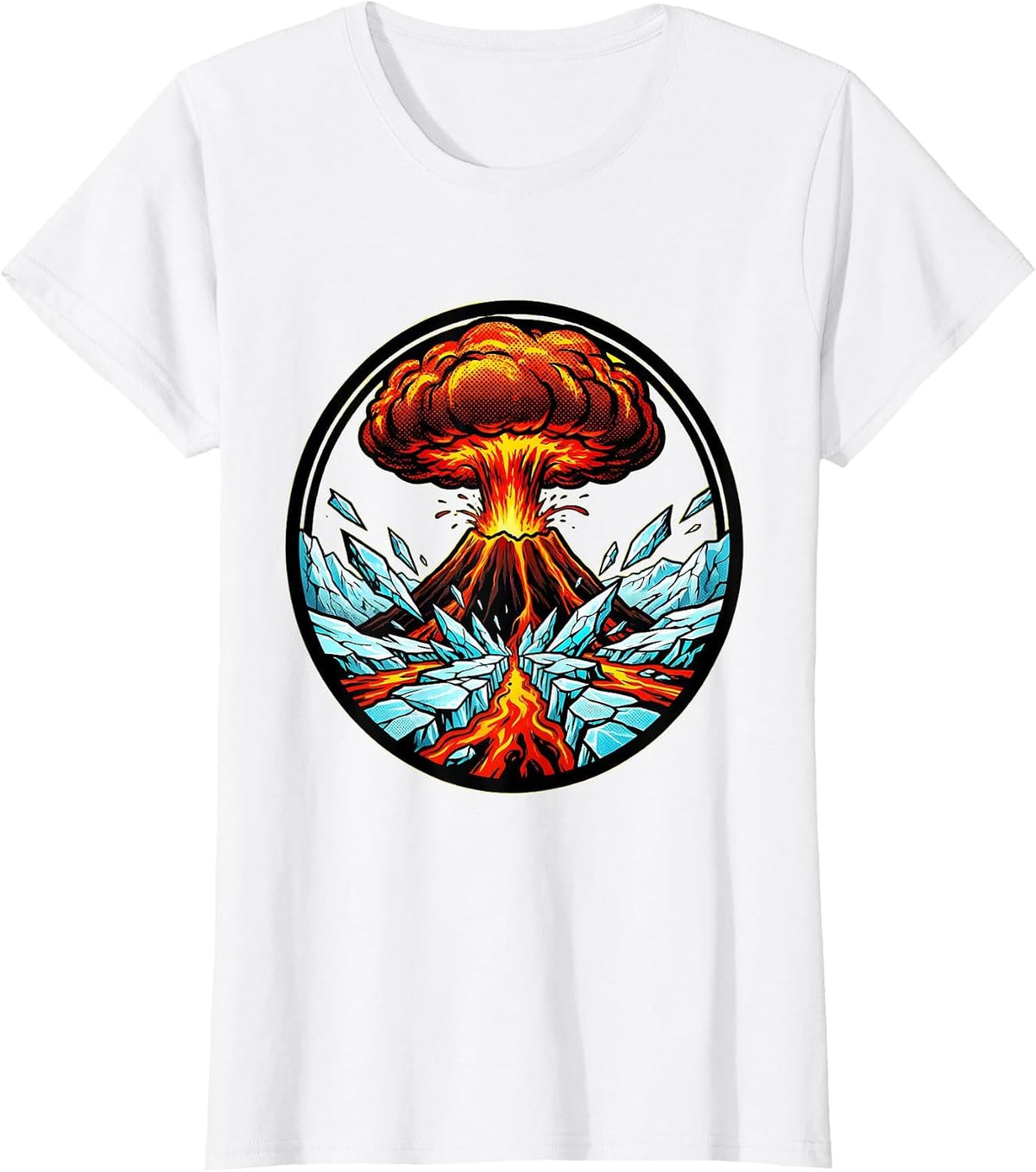 Volcano Erupting Through Cracked Glacier Graphic T-Shirt - White