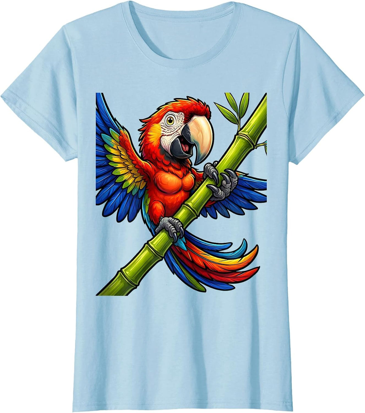 Hawaii Macaw Parrot on Bamboo Tropical Art T-Shirt - Baby Blue