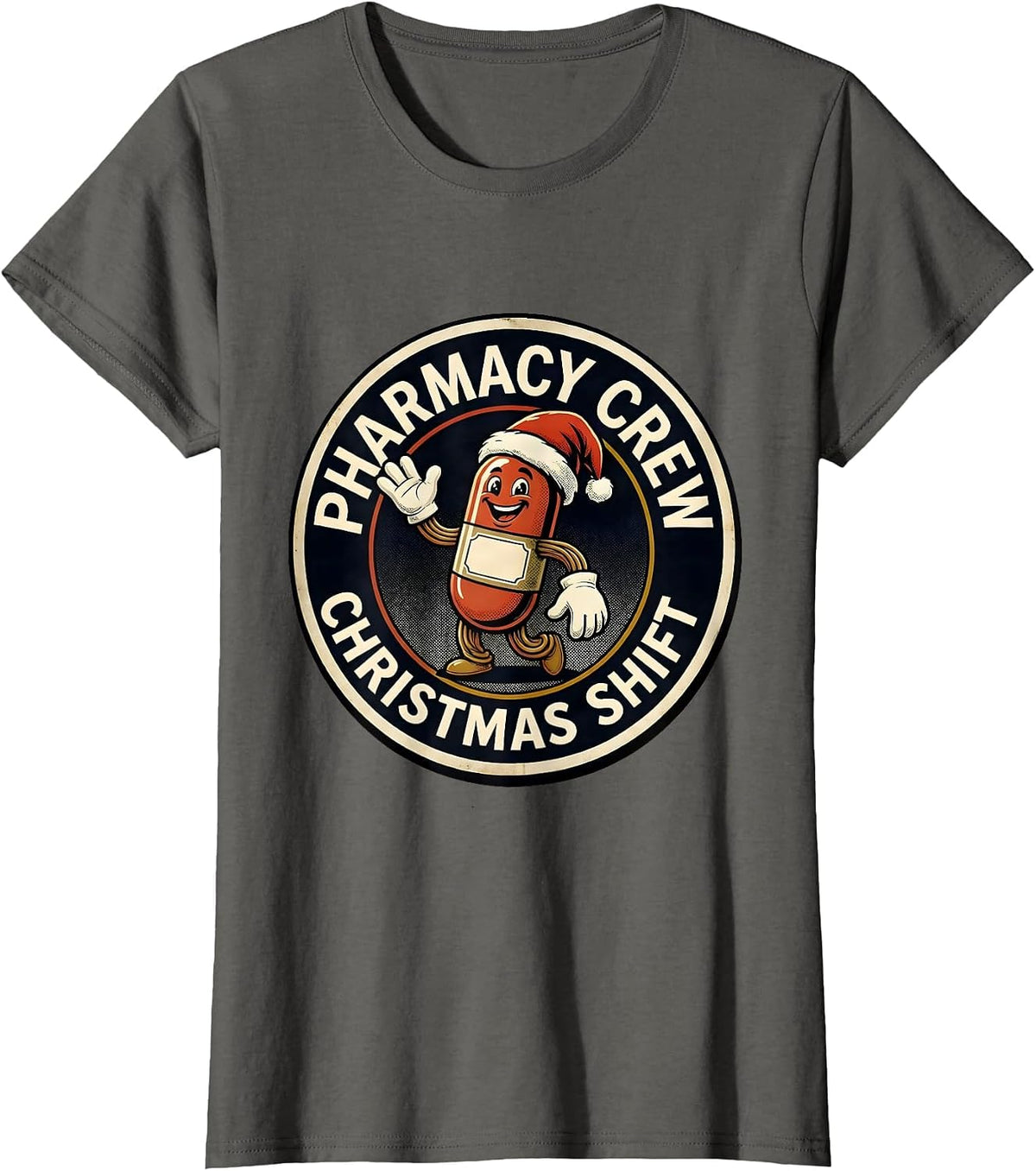 Women's Pharmacy Crew Christmas Shift Retro Cartoon Pharmacist Tech T-Shirt - Asphalt Grey