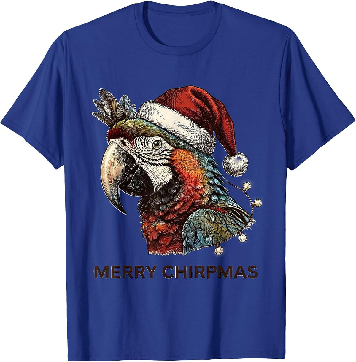 Men's Merry Chirpmas Crosshatch Etching Parrot Lover Christmas T-Shirt - Royal Blue