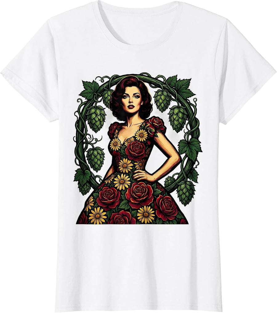 Women's Floral Hops Vine Beer Lover Illustration T-Shirt - White